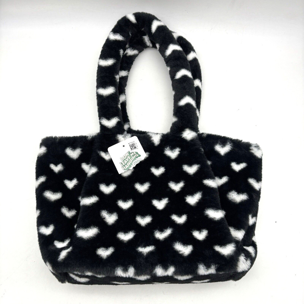 NWT Skinny Dip London Black Fluff Heart Double Handle Large Tote 17x10"